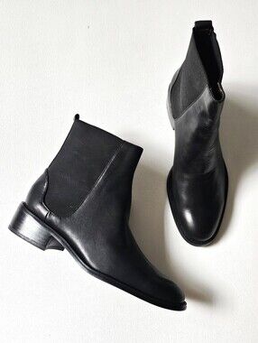 PAZZO Anguish Black Real Leather Chelsea Ankle Boots Women's Size 8 Block Heel